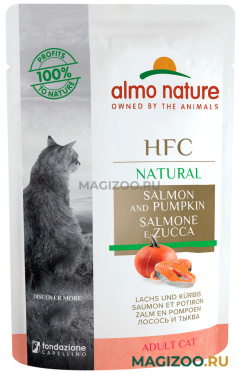 Влажный корм (консервы) ALMO NATURE CAT HFC NATURAL для взрослых кошек с лососем и тыквой пауч (55 гр)