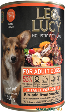 Влажный корм (консервы) LEO&LUCY HOLISTIC для взрослых собак всех пород паштет с ягненком, грушей и биодобавками (400 гр)