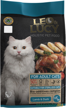 Сухой корм LEO&LUCY HOLISTIC для взрослых кастрированных котов и стерилизованных кошек с ягненком, уткой и биодобавками (1,5 кг)