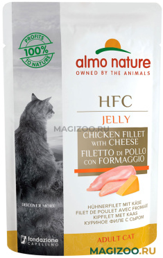 Влажный корм (консервы) ALMO NATURE CAT HFC JELLY для взрослых кошек с куриным филе и сыром в желе пауч (55 гр)
