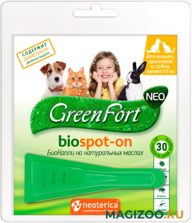 GREEN FORT NEO БиоКапли для собак маленьких пород весом до 10 кг, кошек и кроликов против клещей, блох, власоедов и комаров (1 пипетка)