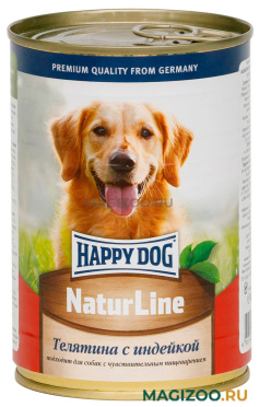 Влажный корм (консервы) HAPPY DOG NATUR LINE для взрослых собак с телятиной и индейкой  (410 гр УЦ)
