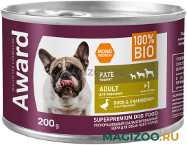 Влажный корм (консервы) AWARD DUCK & CRANBERRY монопротеиновые для взрослых собак всех пород паштет с уткой и брусникой (200 гр)
