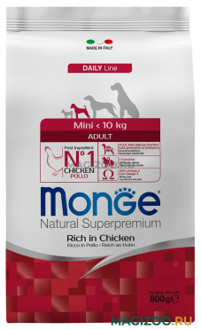Сухой корм MONGE DOG MINI ADULT CHICKEN для взрослых собак маленьких пород с курицей (0,8 кг)