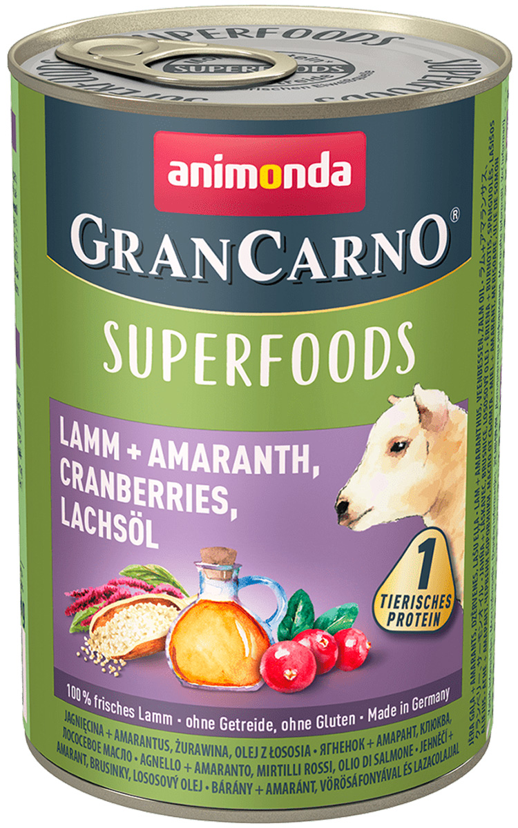 

Animonda Gran Carno Superfoods Adult Lamm & Amaranth, Cranberries, Lachsol для взрослых собак с ягненком, амарантом, клюквой и лососевым маслом (400 гр х 6 шт)