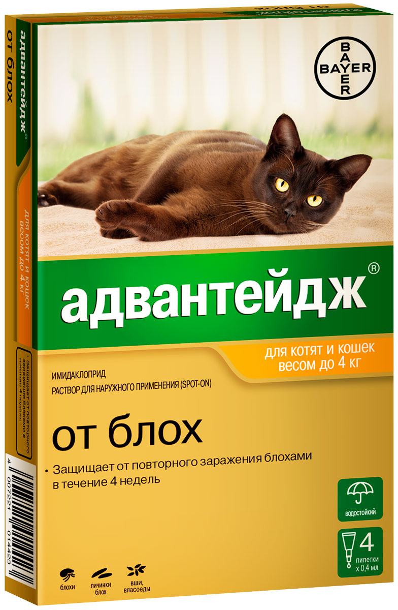 Advantage 40k – Адвантейдж капли для кошек весом до 4 кг против блох, вшей и власоедов (1 пипетка по 0,4 мл) Bayer (1 пипетка)