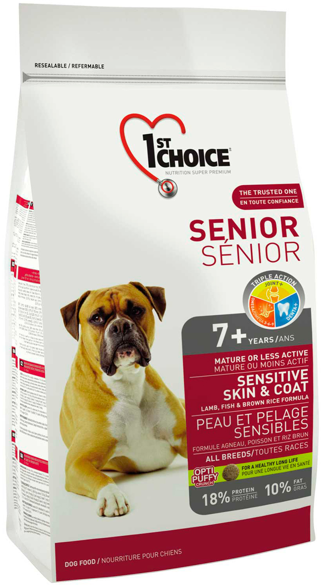 

1st Choice Dog Senior 7+ All Breeds Sensitive Skin & Coat для пожилых собак всех пород старше 7 лет при аллергии с ягненком, рыбой и коричневым рисом (12 кг)