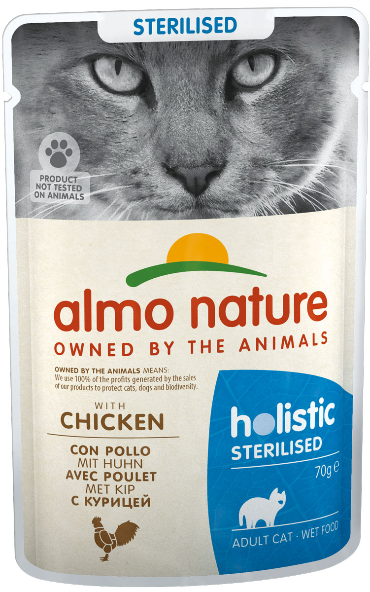 

Almo Nature Cat Holistic Sterilised для взрослых кастрированных котов и стерилизованных кошек с курицей (70 гр х 30 шт)