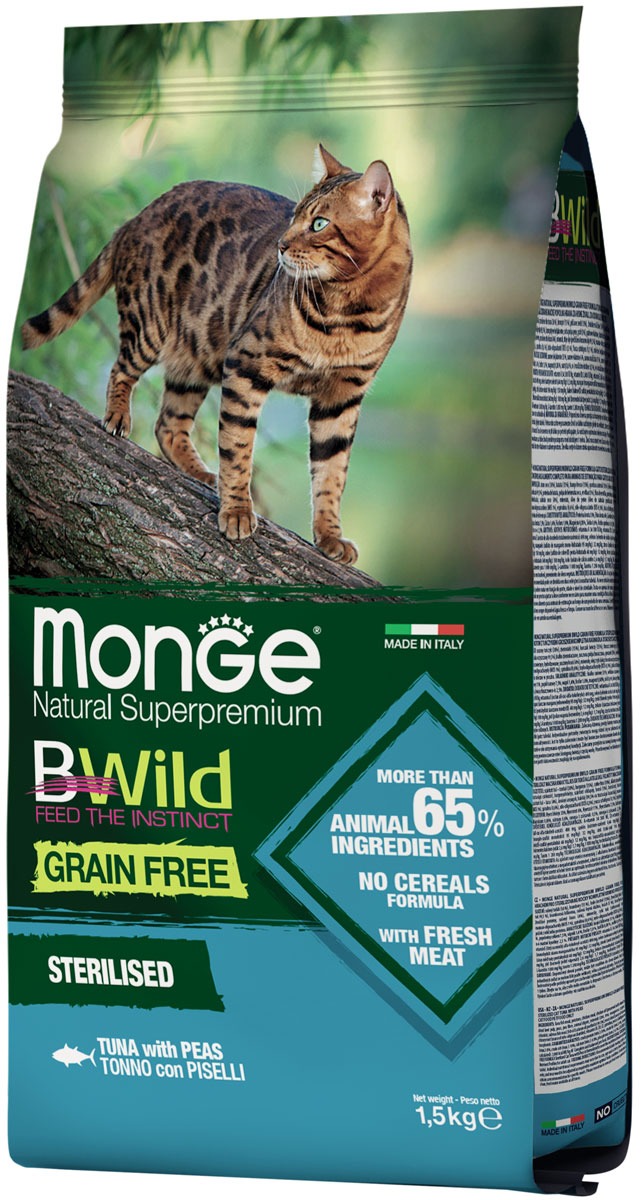 

Monge Bwild Grain Free Cat Sterilised Tuna беззерновой для взрослых кастрированных котов и стерилизованных кошек с тунцом и горохом (1,5 кг)