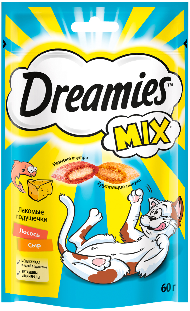 

Лакомство Dreamies Mix для кошек подушечки с лососем и сыром (60 гр)