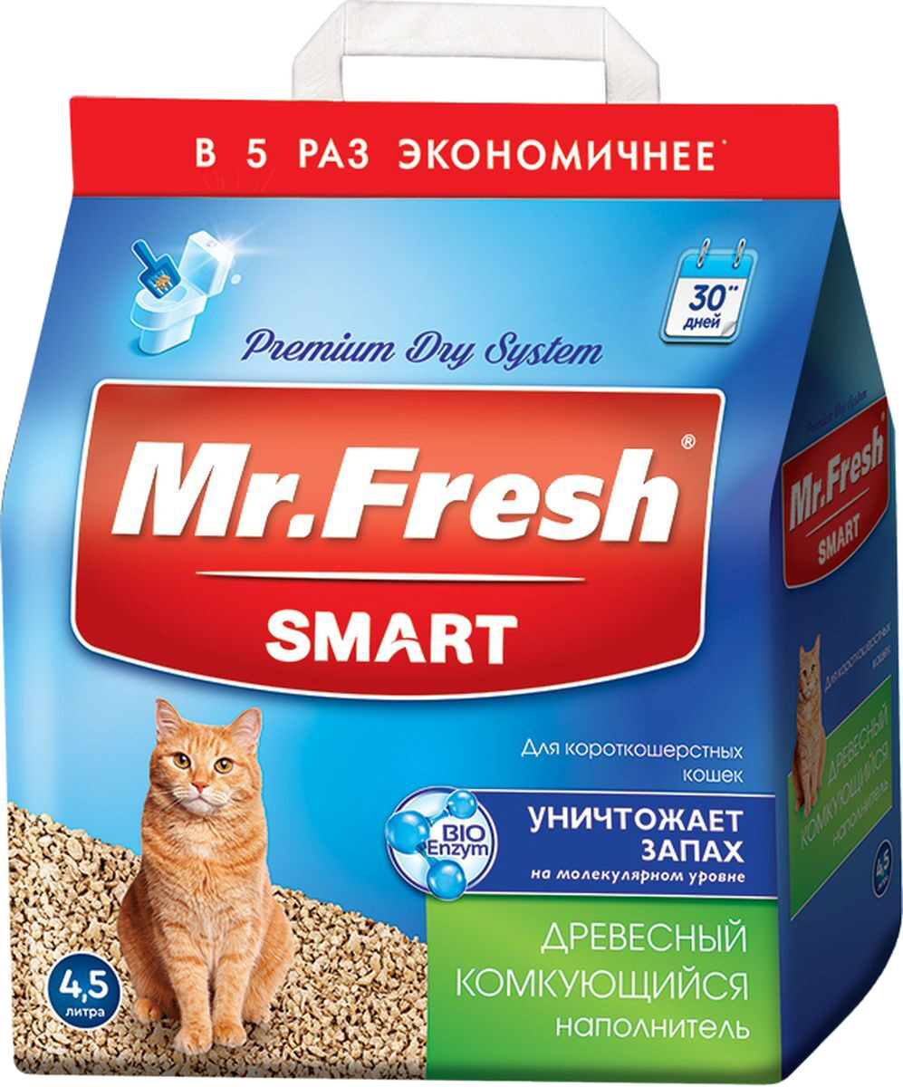 

Наполнитель древесный комкующийся Mr. Fresh Smart для туалета короткошерстных кошек (18 л)