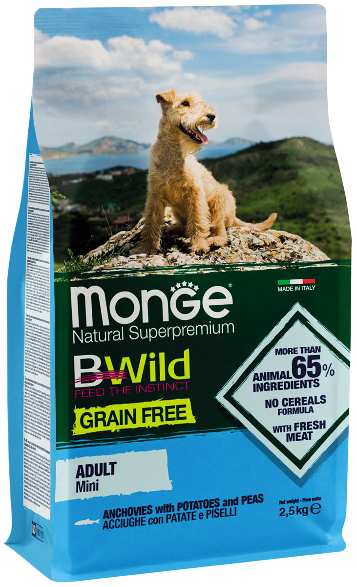 

Monge Bwild Grain Free Dog Adult Mini Anchovies беззерновой для взрослых собак маленьких пород с анчоусами, горохом и картофелем (2,5 + 2,5 кг)