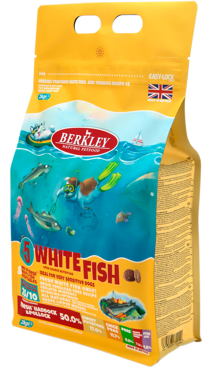 

Berkley №5 White Fish для взрослых собак маленьких и средних пород с белой рыбой, овощами, фруктами и ягодами (2 кг)