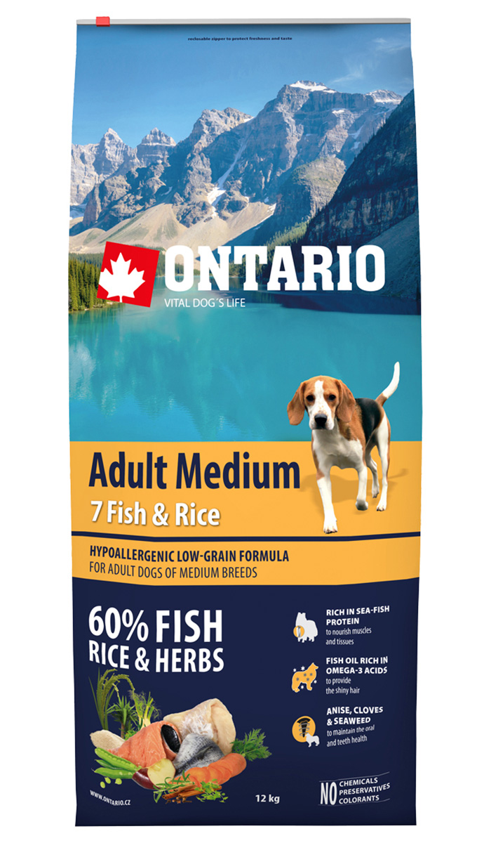 

Ontario Dog Adult Medium 7 Fish & Rice низкозерновой для взрослых собак средних пород с 7 видами рыб и рисом (0,75 кг)