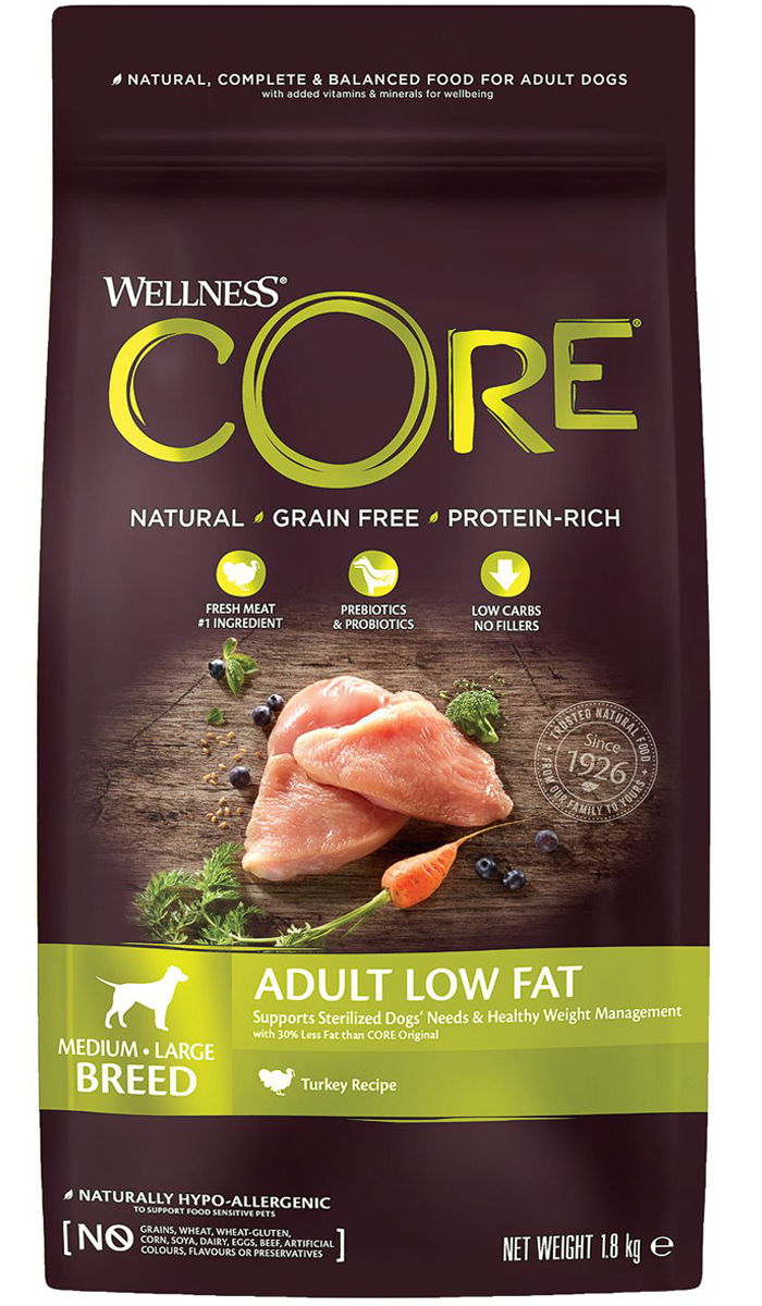 

Wellness Core Healthy Weight Dog Adult беззерновой диетический для взрослых собак всех пород с индейкой (1,8 кг)