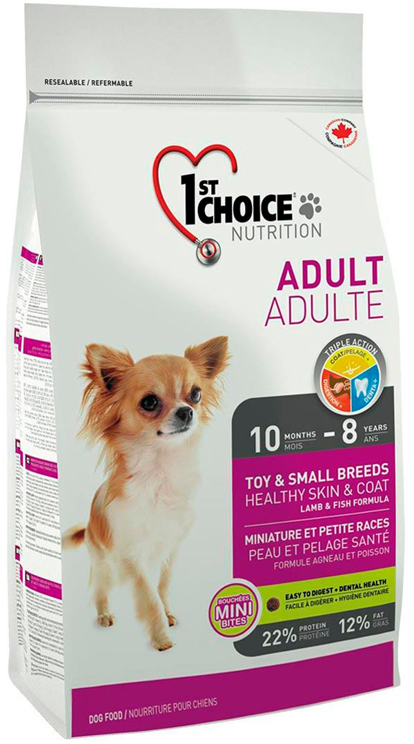 

1st Choice Dog Adult Toy & Small Breeds Healthy Skin & Coat для взрослых собак маленьких пород при аллергии с ягненком, рыбой и рисом (7 кг)
