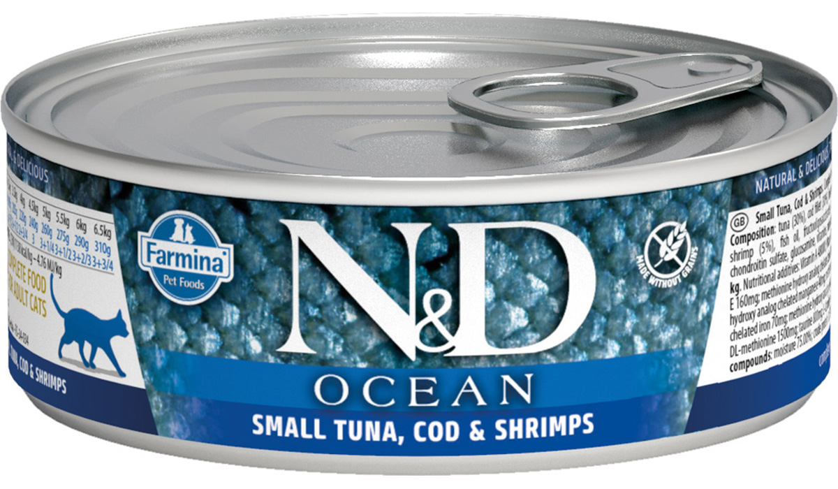 

Farmina Cat N&d Ocean Small Tuna, Cod & Shrimps беззерновые для взрослых кошек с тунцом, треской и креветками (80 гр х 12 шт)