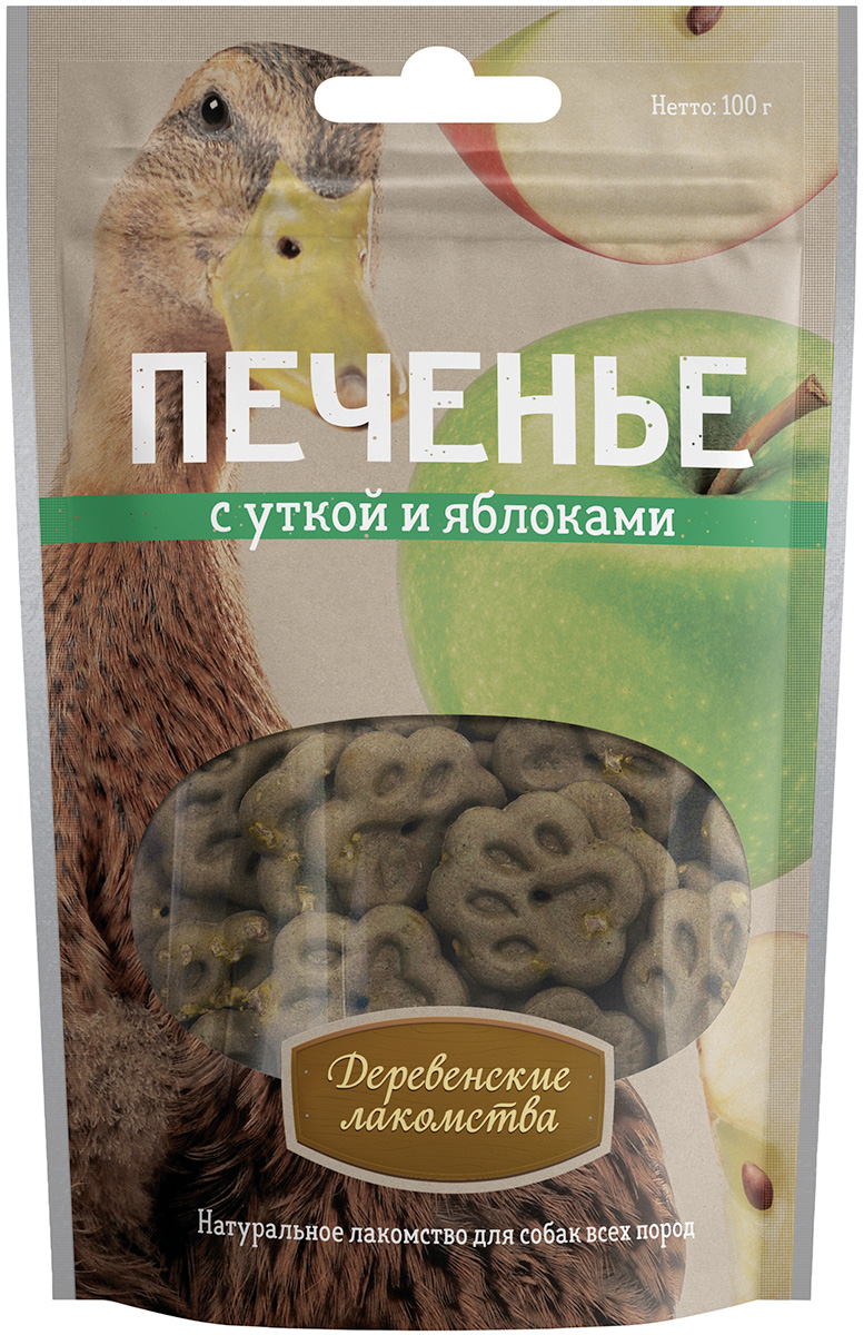 

Лакомства деревенские для собак печенье с уткой и яблоками 100 гр (1 шт)