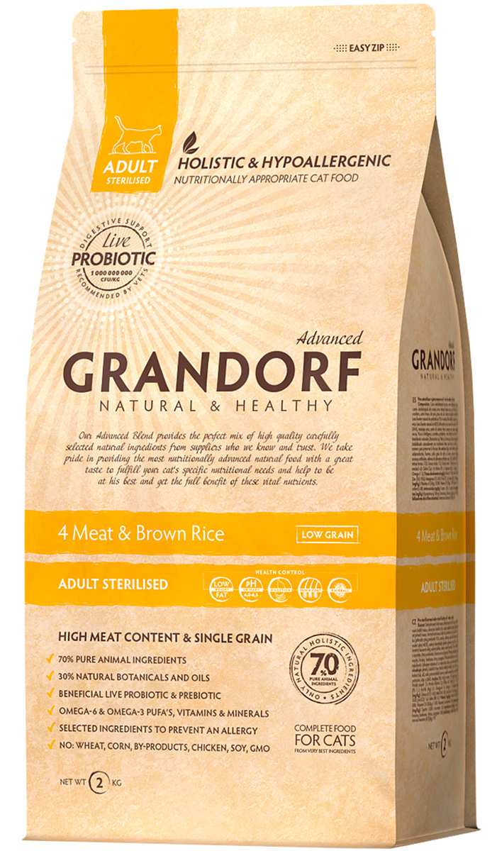 

Grandorf Cat Living Probiotics 4 Meat & Rice Sterilised низкозерновой с живыми пробиотиками для взрослых кастрированных котов и стерилизованных кошек с мясом и рисом (0,4 кг)