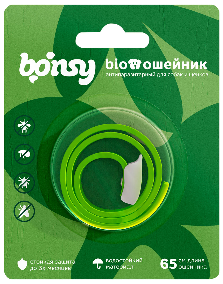

Bonsy BIOошейник Яблочная нежность для собак и щенков против клещей, блох, вшей, власоедов 65 см (1 шт)