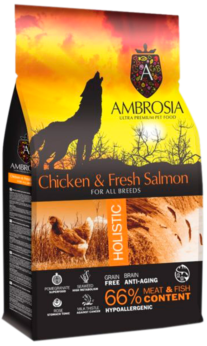 Ambrosia Dog Adult Chicken & Fresh Salmon беззерновой для взрослых собак всех пород с курицей и лососем (2 кг)