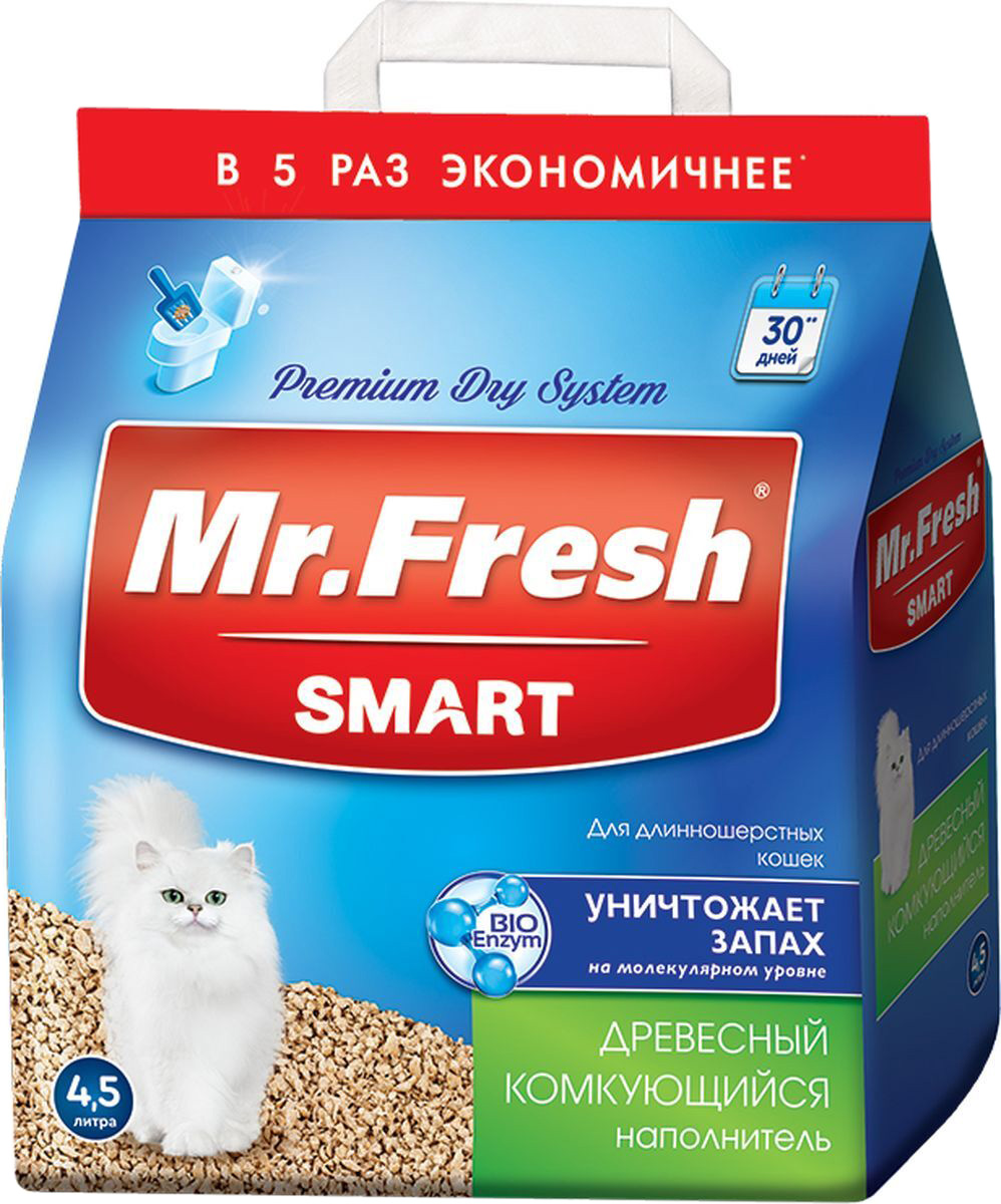 

Наполнитель древесный комкующийся Mr. Fresh Smart для туалета длинношерстных кошек (4,5 л )