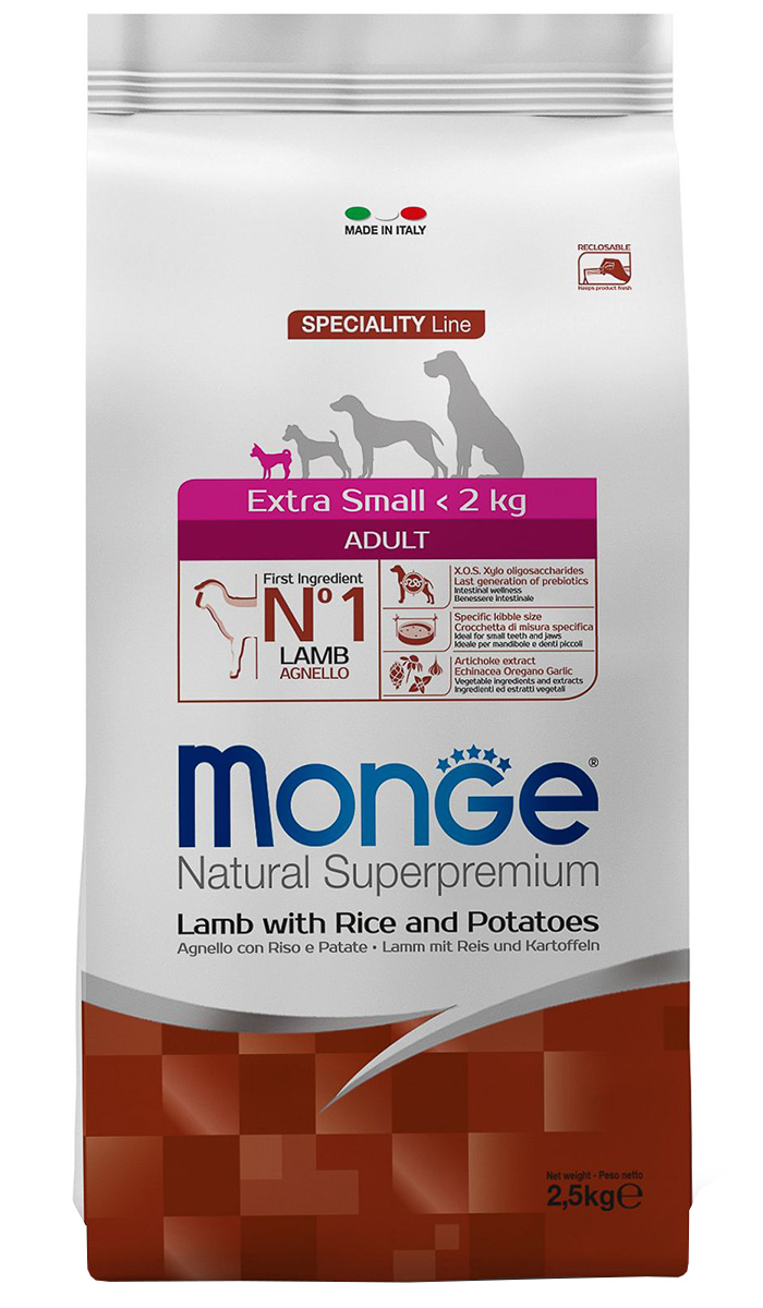 

Monge Speciality Dog Extra Small Adult Lamb для взрослых собак маленьких пород с ягненком, картофелем и рисом (2,5 кг)