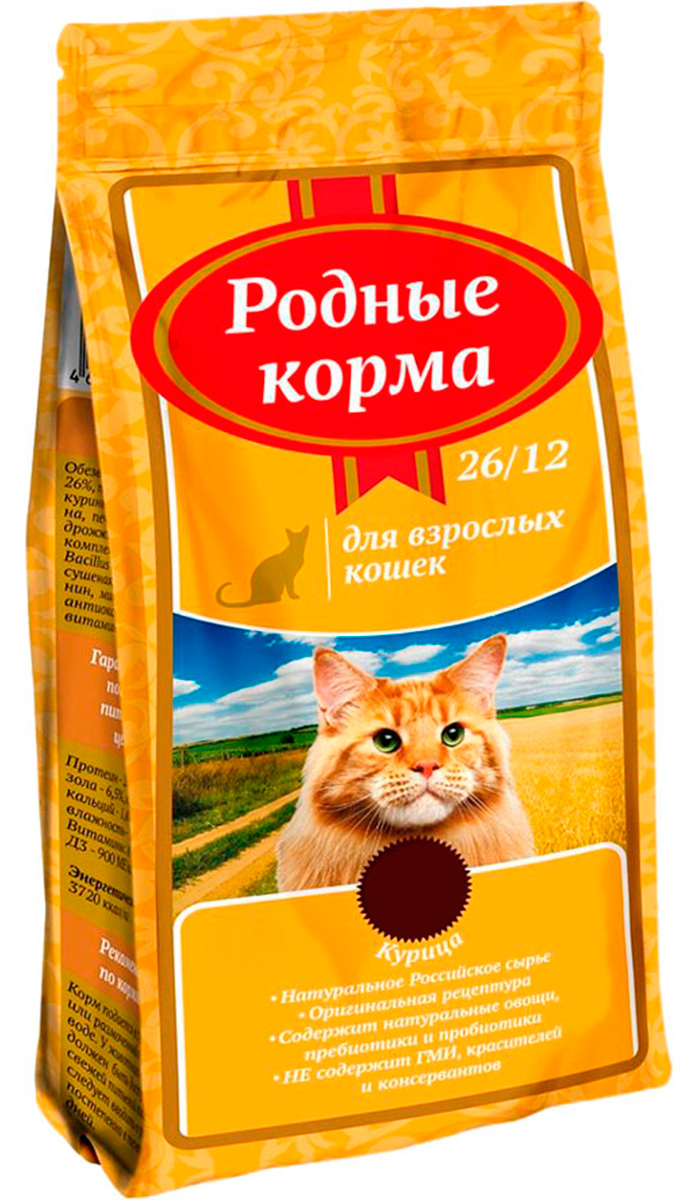 

родные корма для взрослых кошек с курицей 26/12 (2,045 кг)