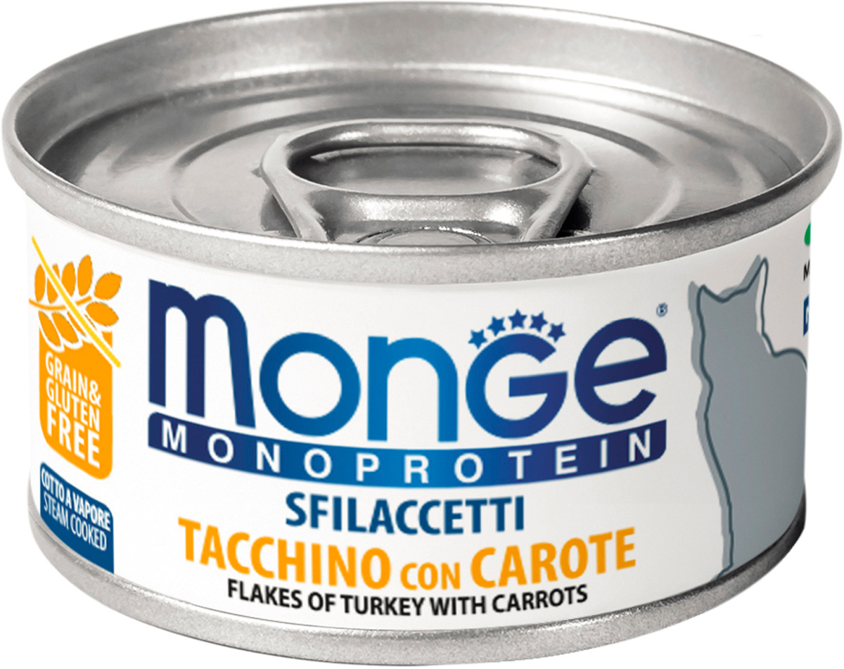 

Monge Monoprotein Cat монобелковые для взрослых кошек хлопья с индейкой и морковью (80 гр)