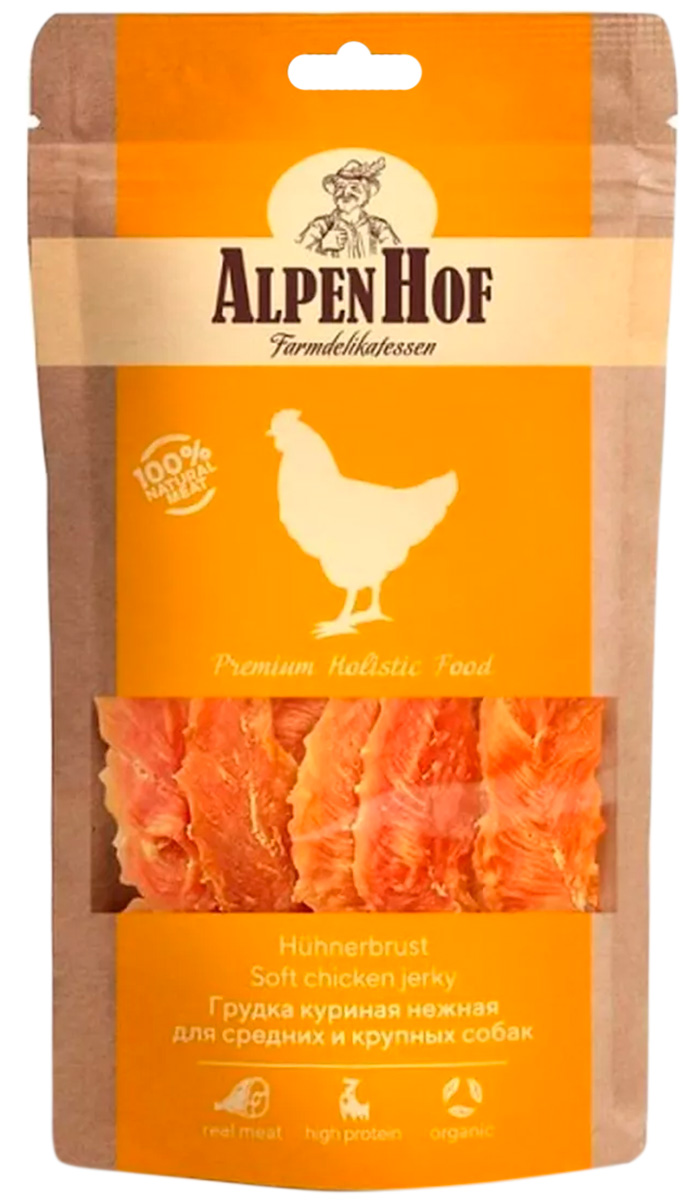 

Лакомство AlpenHof для собак средних и крупных пород грудка нежная куриная 80 гр (1 уп)