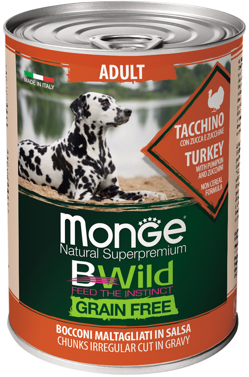 

Monge Bwild Adult Dog Grain Free беззерновые для взрослых собак с индейкой, тыквой и кабачками (400 гр)