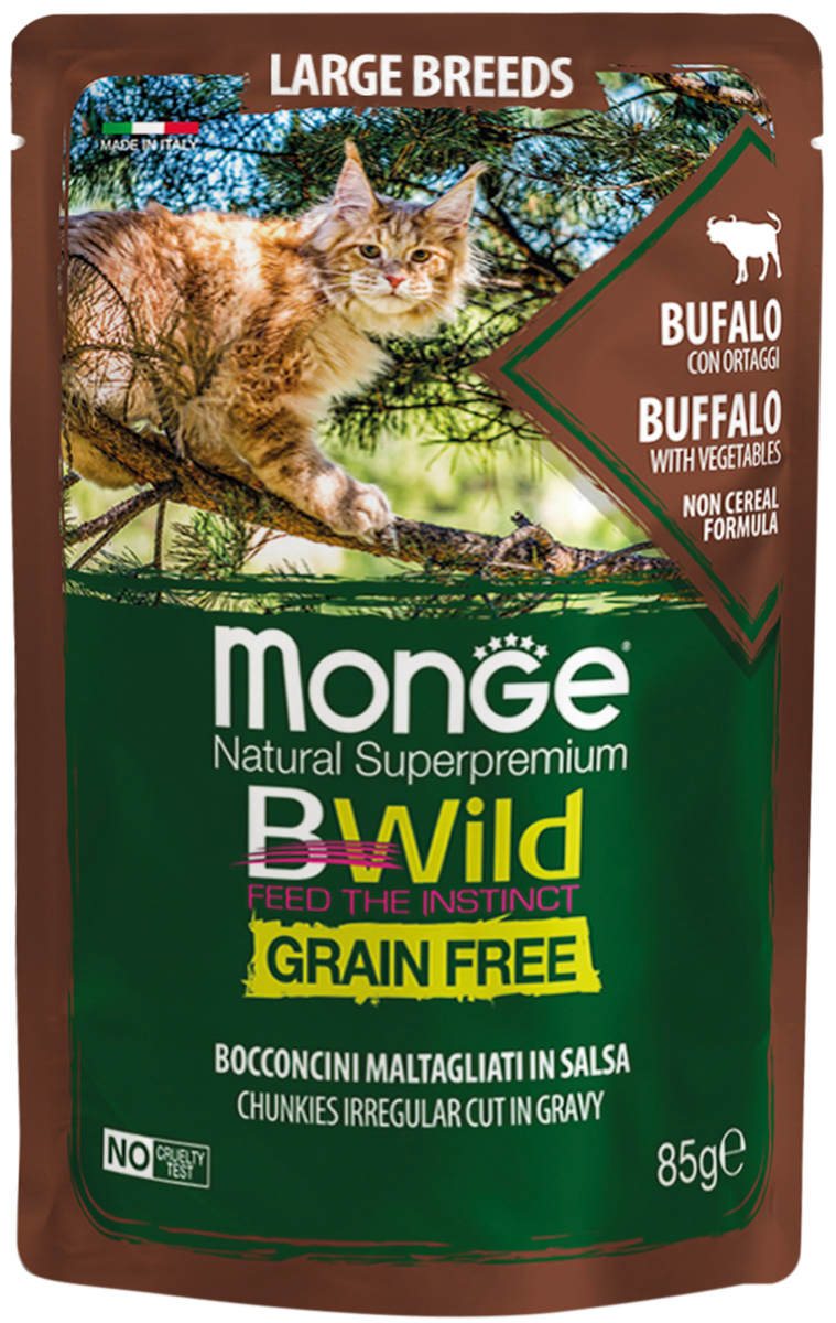 

Monge Bwild Grain Free Cat безз дл кошек крупных пород с мясом буйвола и овощами в соусе (85 гр х 28 шт)