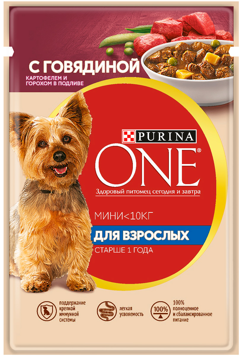 

Purina One мини взрослая для взрослых собак маленьких пород с говядиной, картофелем и горохом в подливе (85 гр)