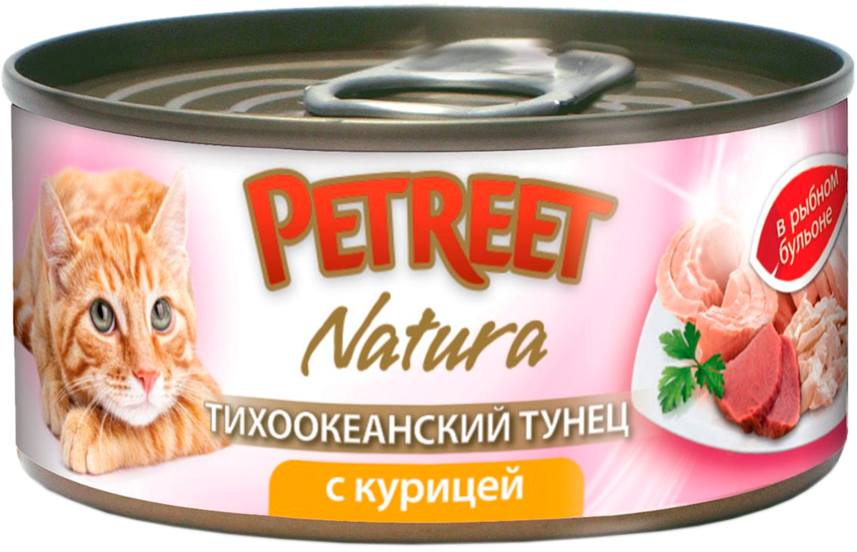 

Petreet Natura для взрослых кошек с тихоокеанским тунцом и курицей в рыбном супе банка (70 гр)