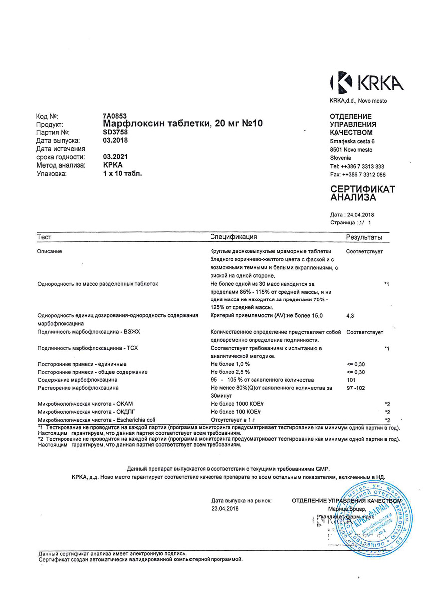 Сертификат на МАРФЛОКСИН 20 мг для собак и кошек для лечения заболеваний бактериальной и микроплазменной этиологии