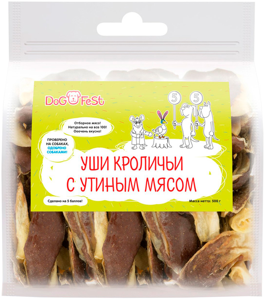 

Лакомство Dog Fest для собак уши кроличьи с утиным мясом 500 гр (1 шт)