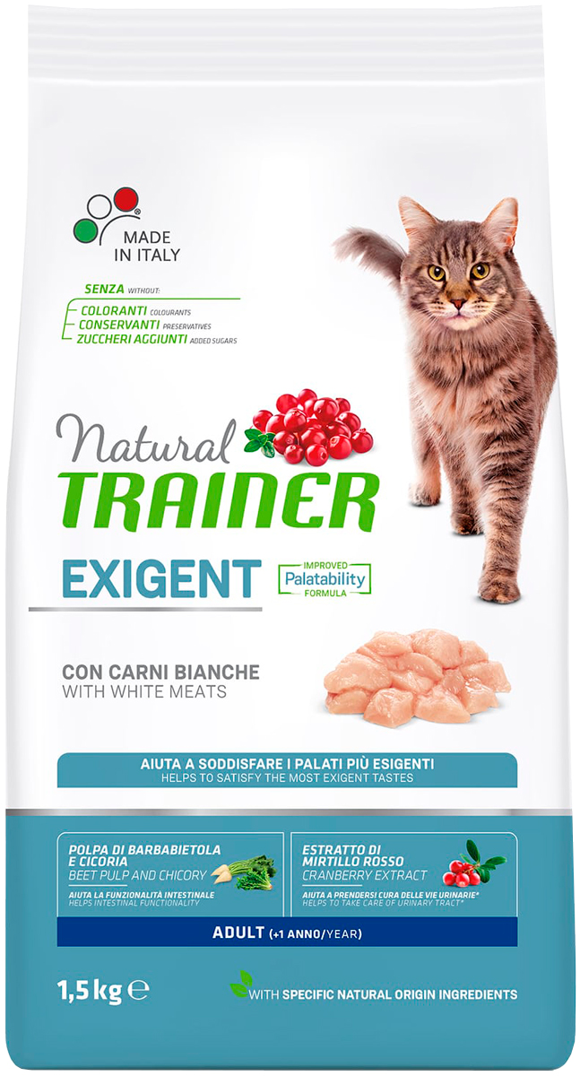 

Trainer Natural Exigent Cat With White Meats для привередливых взрослых кошек с мясом (1,5 кг + ламистер)