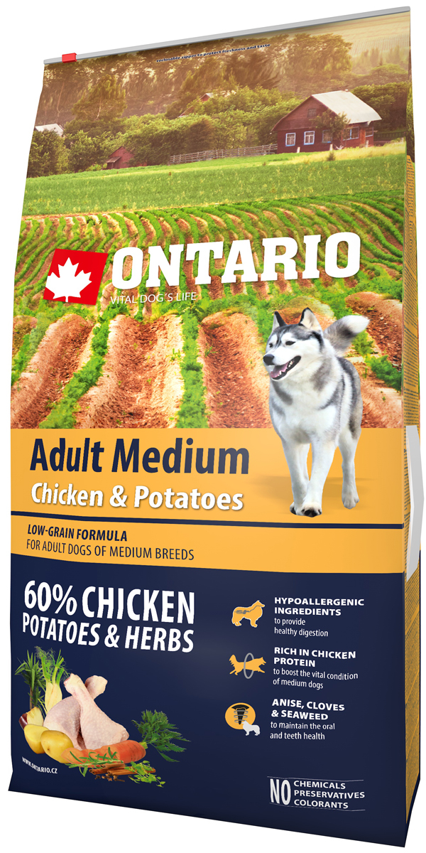 

Ontario Dog Adult Medium Chicken & Potatoes низкозерновой для взрослых собак средних пород с курицей и картофелем (12 + 12 кг)