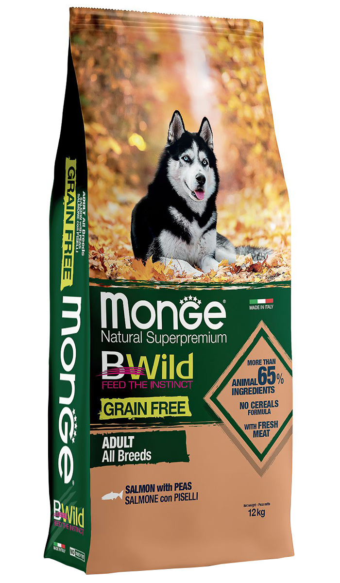 

Monge Bwild Grain Free Dog Adult All Breeds Salmon беззерновой для взрослых собак всех пород с лососем и горохом (2,5 кг)