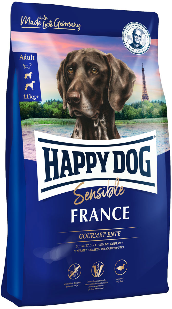 

Happy Dog Supreme France Sensible Nutrition беззерновой для взрослых собак всех пород при аллергии с уткой и картофелем (2,8 кг)