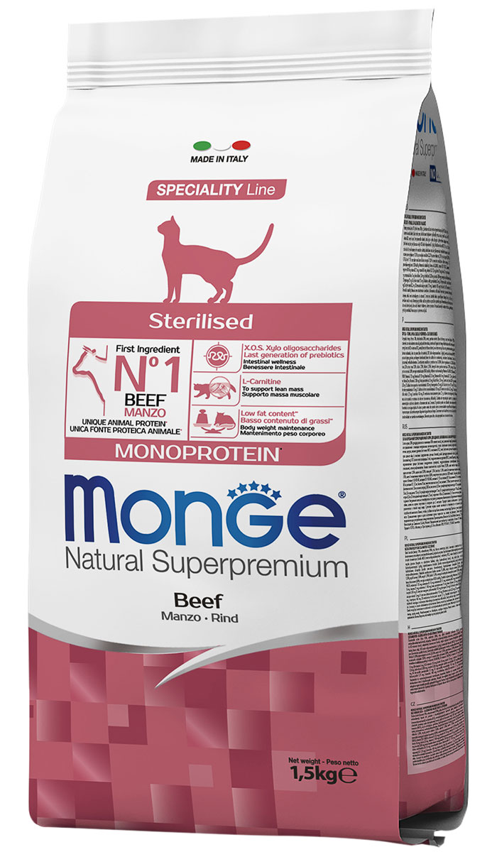 

Monge Speciality Monoprotein Cat Sterilised Beef монобелковый для взрослых кастрированных котов и стерилизованных кошек с говядиной (1,5 кг)