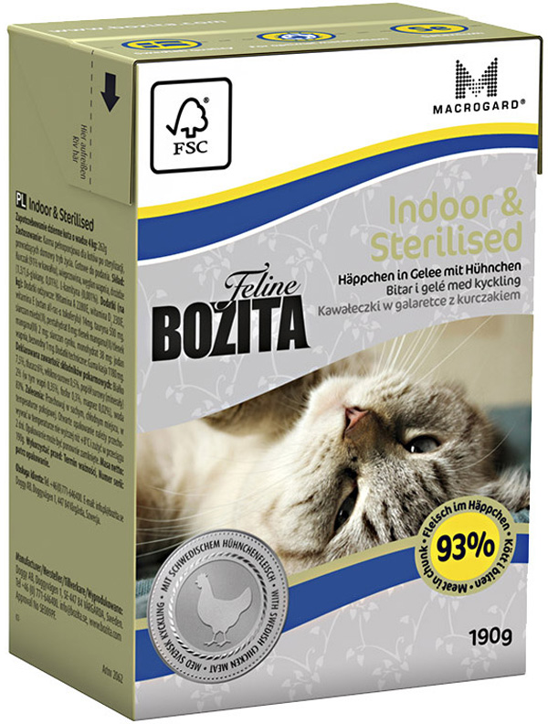 

Bozita Function Indoor & Sterilised In Jelly Chicken для стерилизованных кошек и кошек живущих дома с курицей в желе (190 гр)