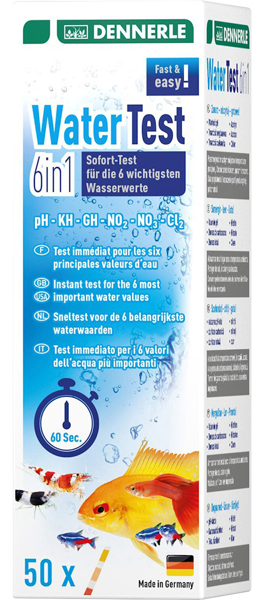 

Полоски для экспресс тестов аквариумной воды Dennerle Water Test 6 in 1 pH/kH/Gh/NO2/NO3/Cl уп. 50 шт (1 шт)