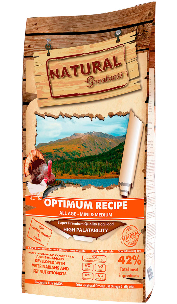 

Natural Greatness Optimum Recipe Mini & Medium для собак и щенков маленьких и средних пород с индейкой, курицей и лососем (2 кг)
