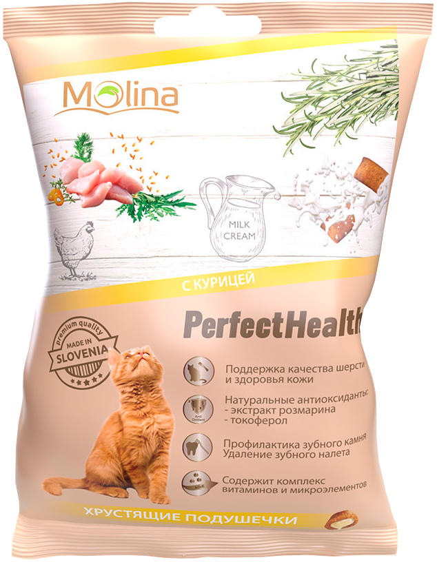 

Лакомство Molina Perfect Health для кошек хрустящие подушечки с курицей 50 гр (1 шт)