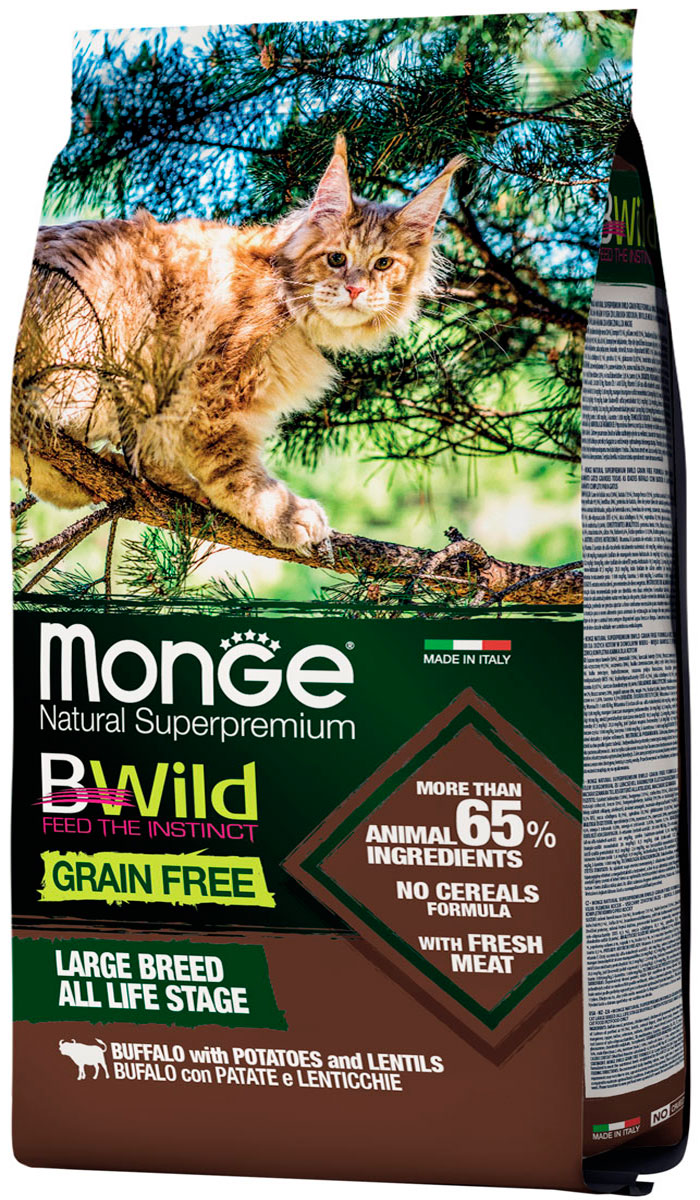 

Monge Bwild Grain Free Cat Large Breed Buffalo беззерновой для кошек и котят крупных пород с буйволом и картофелем (10 кг)