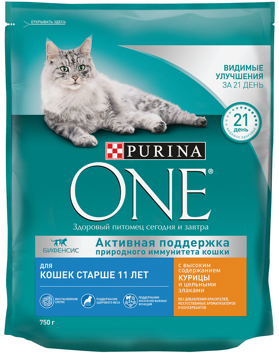 

Purina One для пожилых кошек старше 11 лет с курицей и злаками (0,75 кг)