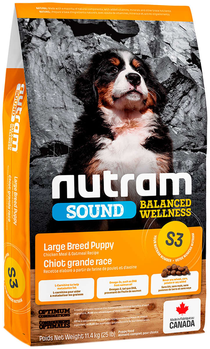 

Nutram Sound Balanced Wellness S3 Puppy Large Breed для щенков крупных пород с курицей и овсянкой (11,4 кг)