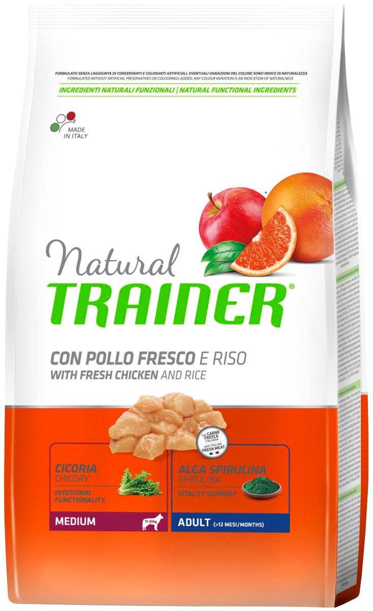 

Trainer Natural Medium Adult Chicken & Rice для взрослых собак средних пород с курицей и рисом (12 + 12 кг)