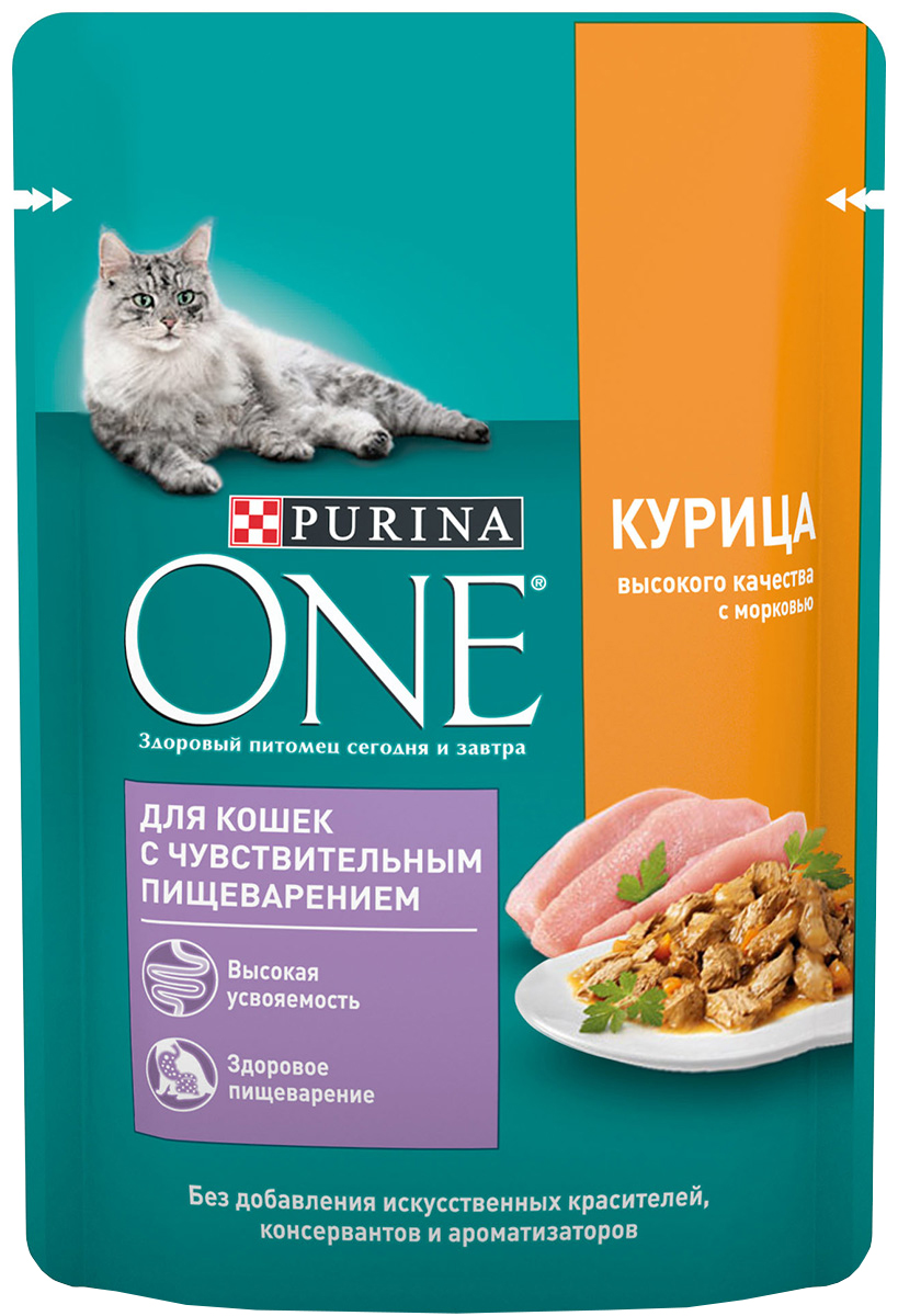 

Purina One для взрослых кошек с чувствительным пищеварением с курицей и морковью (75 гр х 26 шт)
